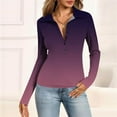 thumbnail image 2 of STICHOU Women's Long Sleeve Polo Shirts Slim Fitted Gradient Print Deep V Neck Tops Button Down Work Collared T Shirts Basic Winter Clothes Dark Purple L, 2 of 3