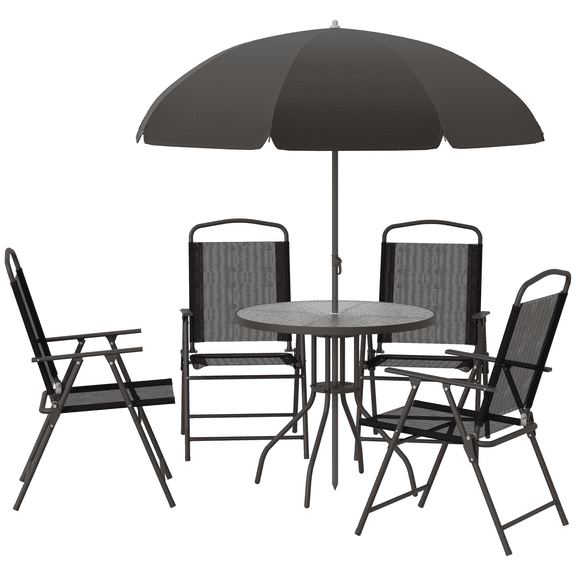 6 Piece Patio Dining Set for 4, Outdoor Table and Chairs with Umbrella, Folding Chairs, Round Glass Table for Backyard, Black & Coffee