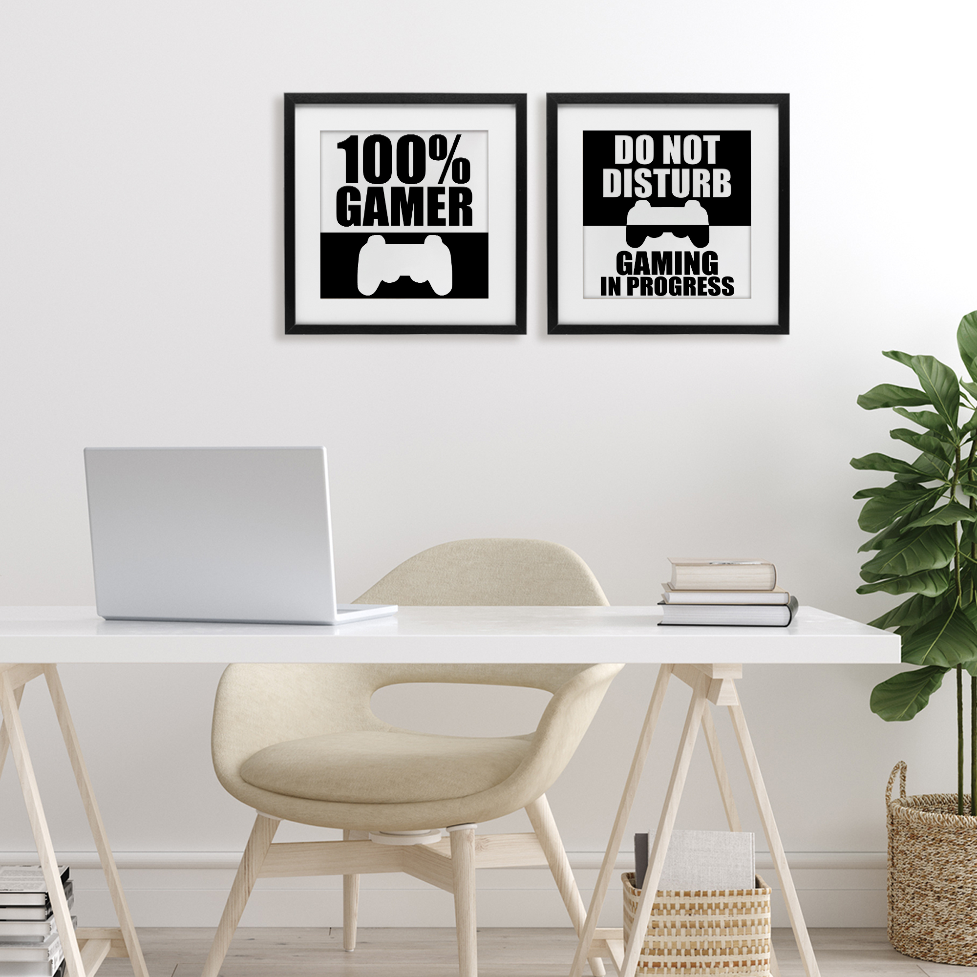 Competitive Gamer Black & White 2 Piece Black Framed Print Under Glass Set, design by Kim Allen