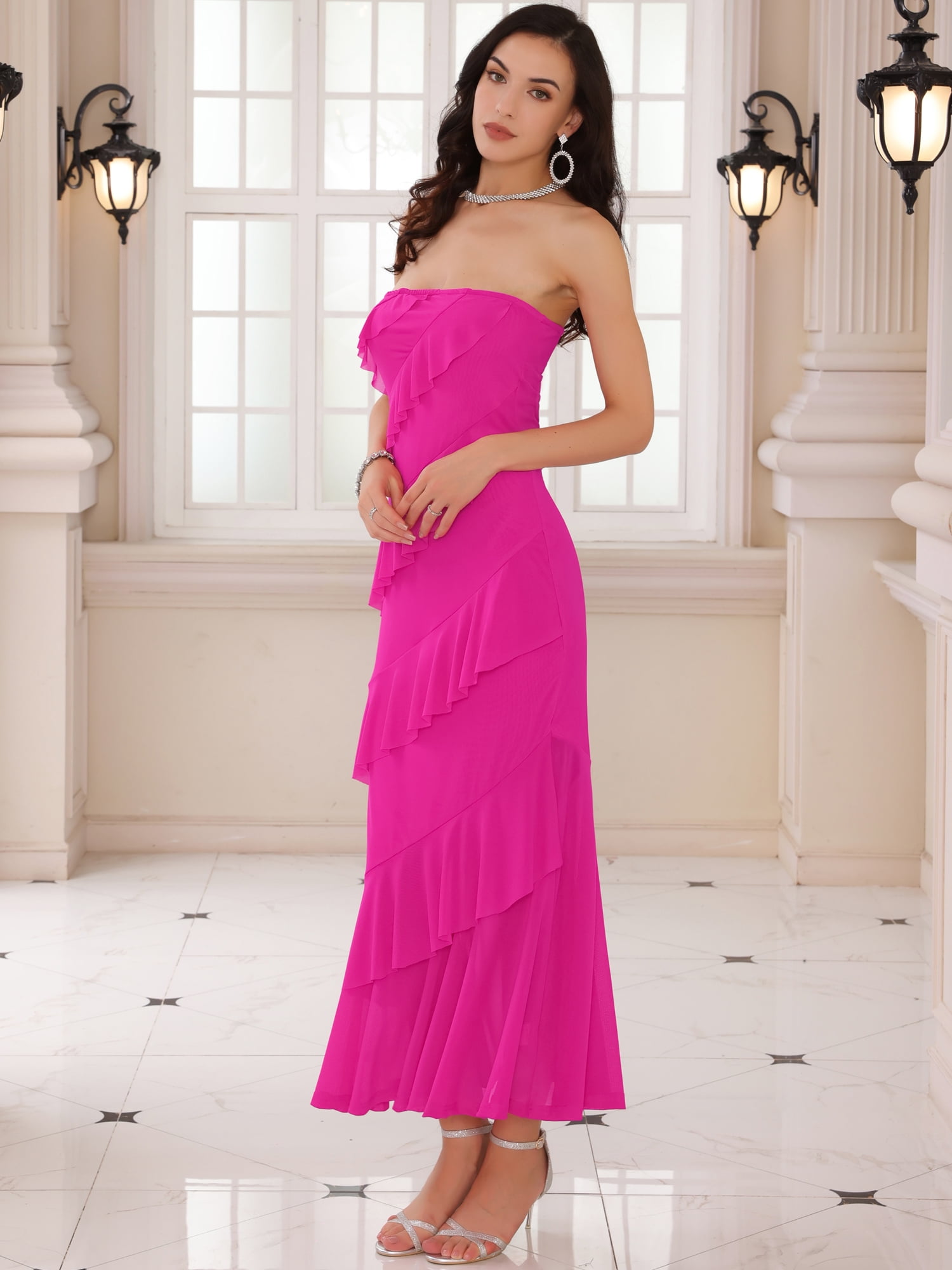 DARING DIVA Strapless Bodycon Ruffle Maxi Cocktail Wedding Dress S Hot Pink