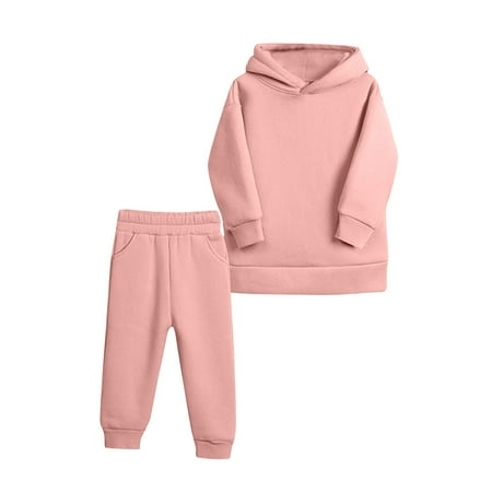 

BIZIZA Baby Outfit Hoodie 2-Piece Fleece Solid Color Winter Long Sleeve Pants for 1Y-7Y Kids Pink 120