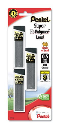 Super Hi-Polymer Lead Refills, 0.5mm, Hb, Black, 30/tube, 3 Tubes/pack