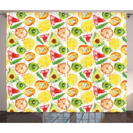 Fruits Curtains 2 Panels Set, Paintbrush Mixed Plants Seed Splash Watermelon Peach Avocado Design, Window Drapes for Living Room Bedroom, 108W X 63L Inches, Yellow Orange Fern Green, by (Best Way To Plant Avocado Seed)