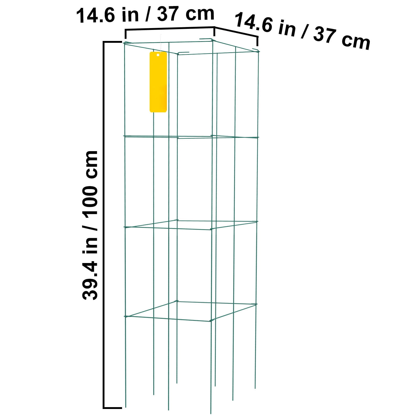 KFFKFF Square Tomato Cages, 14.6" x 14.6" x 39.4", Set of 6 Green PVC-Coated Steel Plant Supports for Vegetables, Flowers, Fruits, and Climbing Plants