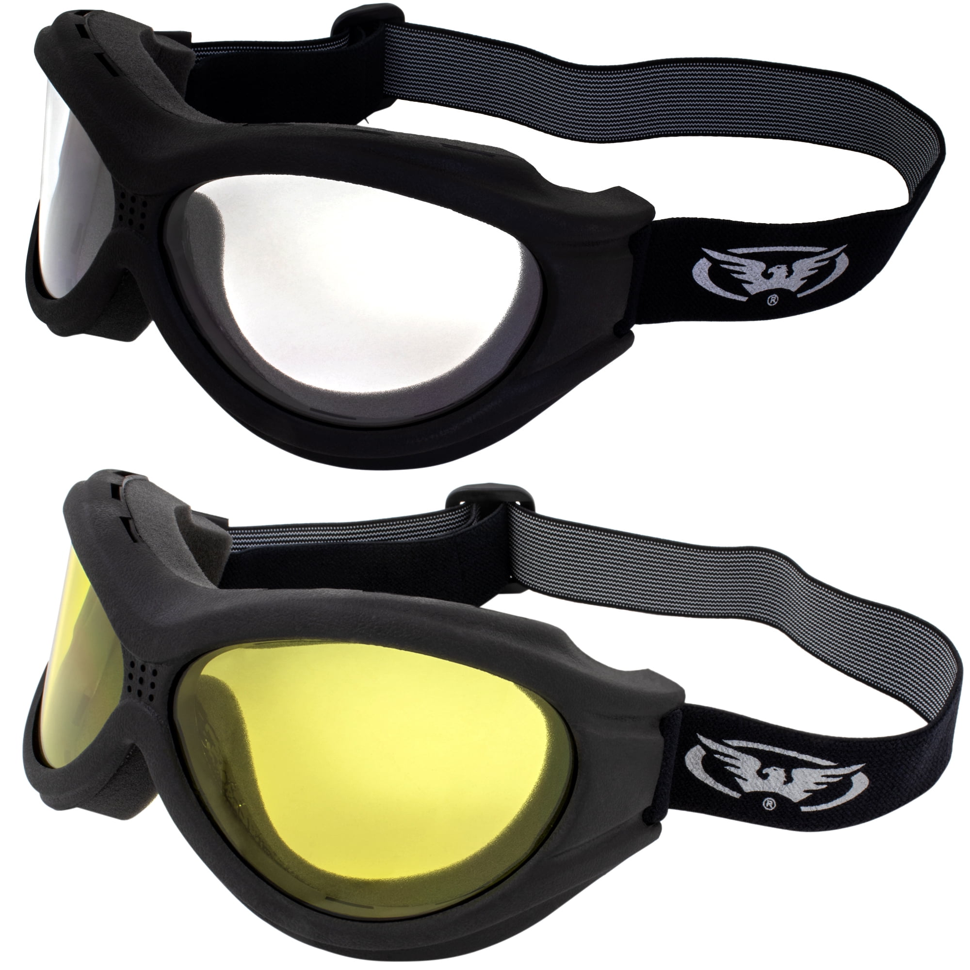 Two Pair Paragon Padded Motorcycle Goggles One Clear One Yellow by Global Vision 