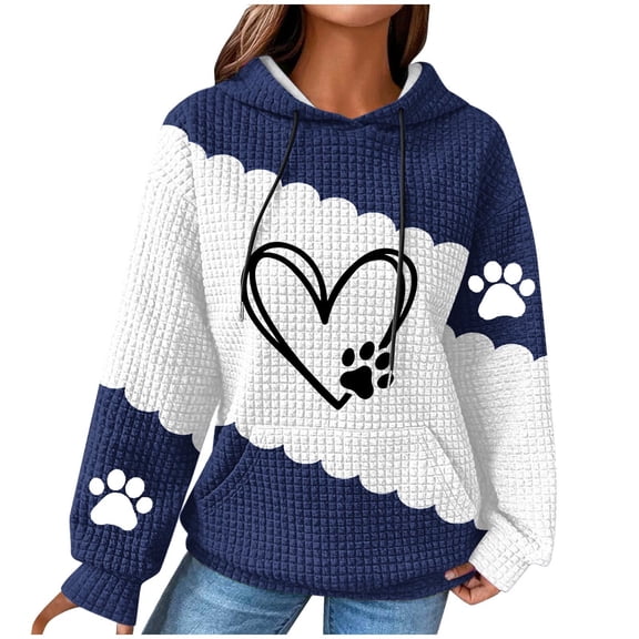 Hooded Sweatshirt for Womens Cute Dog Paw Heart Print Hoodies with Front Pocket Sweatshirts Color Matching Waffle Knitted Long Sleeve Hooded Sweatshirts