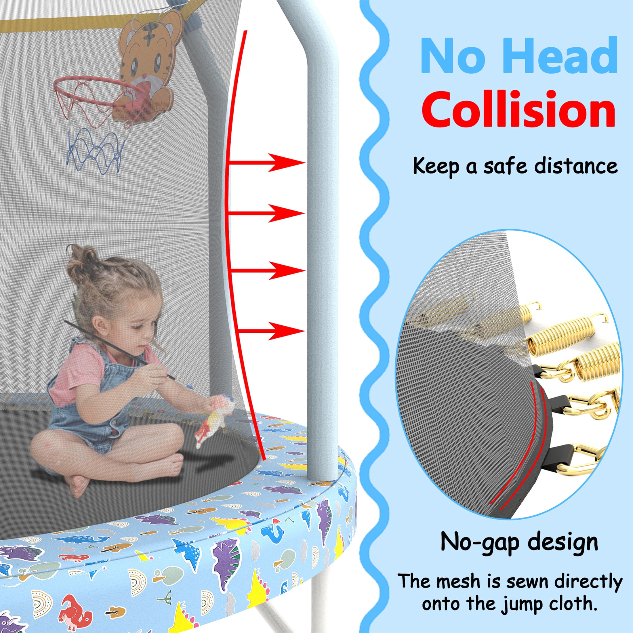 55" Toddler Trampoline with Enclosure Net, SHINPT Child's Mini Trampoline with Basketball Hoop, Round Recreational Tranpolines for Birthday Gifts, Kids Trampoline for Aged 3-6, Indoor & Outdoor