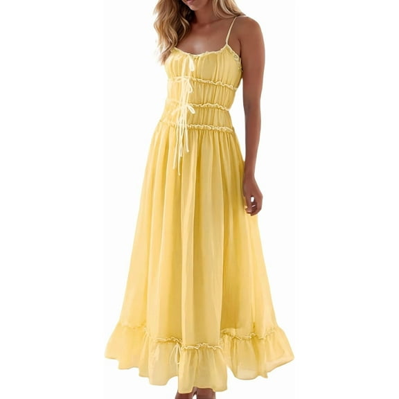 Women Summer Maxi Dress Spaghetti Strap Y2k Cute Ruffle Tiered Wedding Guest Flowy Dress