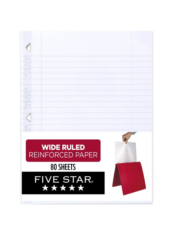 Five Star Reinforced Filler Paper, Wide Ruled, 8" x 10.5", 80 Sheets/Pack (150002-WMT)