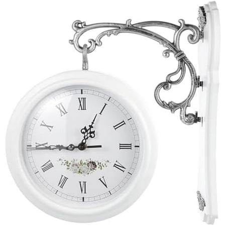 Wrought Iron Antique-Look Brown Round Wall Hanging Double Sided Clock Round Chandelier Wall Hanging Clock with Scroll Wall Clock Double Sided Vintage Wrought Iron Wall Clock