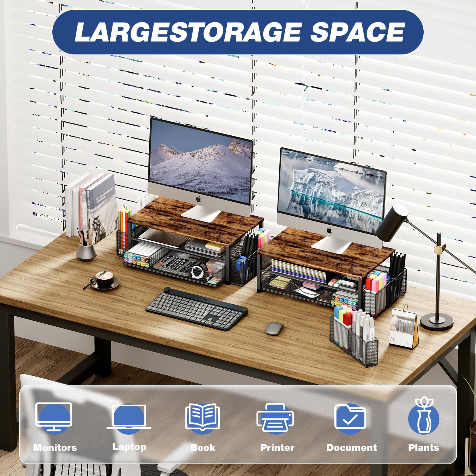Wood Desk Organizers And Accessories  2-tier Computer Monitor Stand Riser With Drawer 2 Pen Holders Laptop Office For Supplies Brown