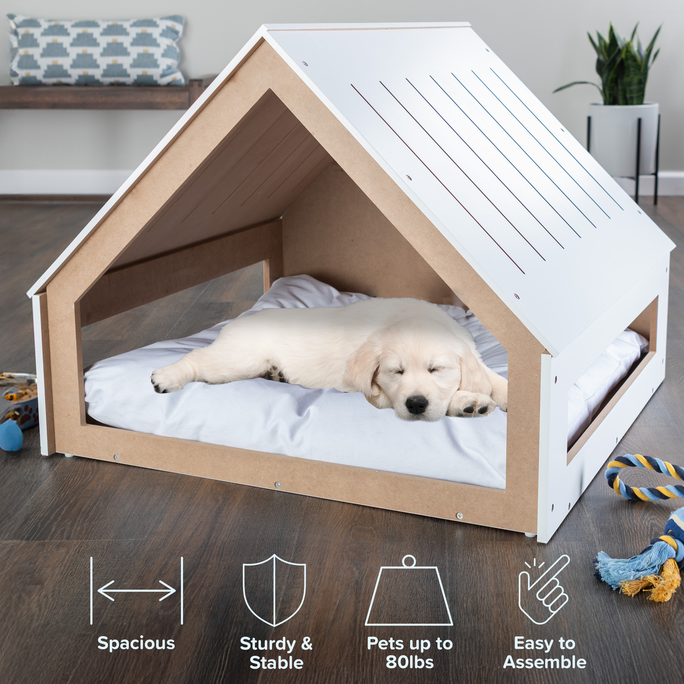 PETMAKER Indoor Dog House for Small to Medium Pets up to 80lbs - Wood Doghouse with Cushion, White