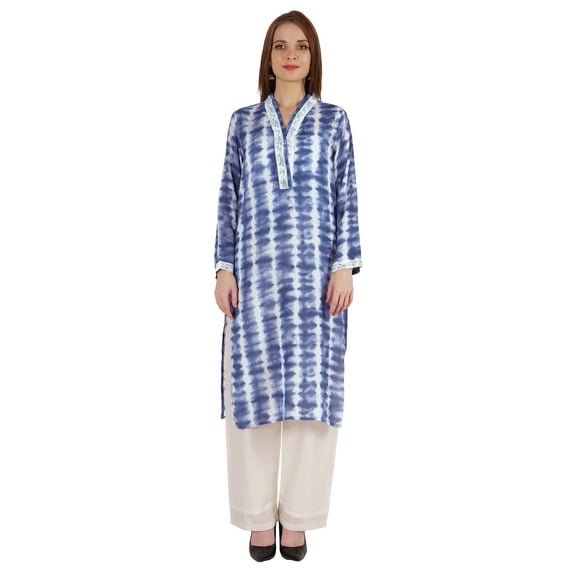 Bimba Printed Straight Kurti For Women Casual Summer Wear V-Neck W/ Lace Tunic Designer Kurta