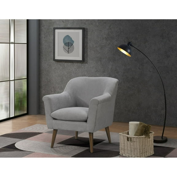 Oversized Armchair In Mid-century Modern Design, 31.5" Steel Gray Woven Fabric, Rounded Arms, 20.7" Seat Height, 21.7" Depth, 20" Width, 26.8" Arm 9.8" Wooden Leg Walnut Color, 14.6" Back Full Foam