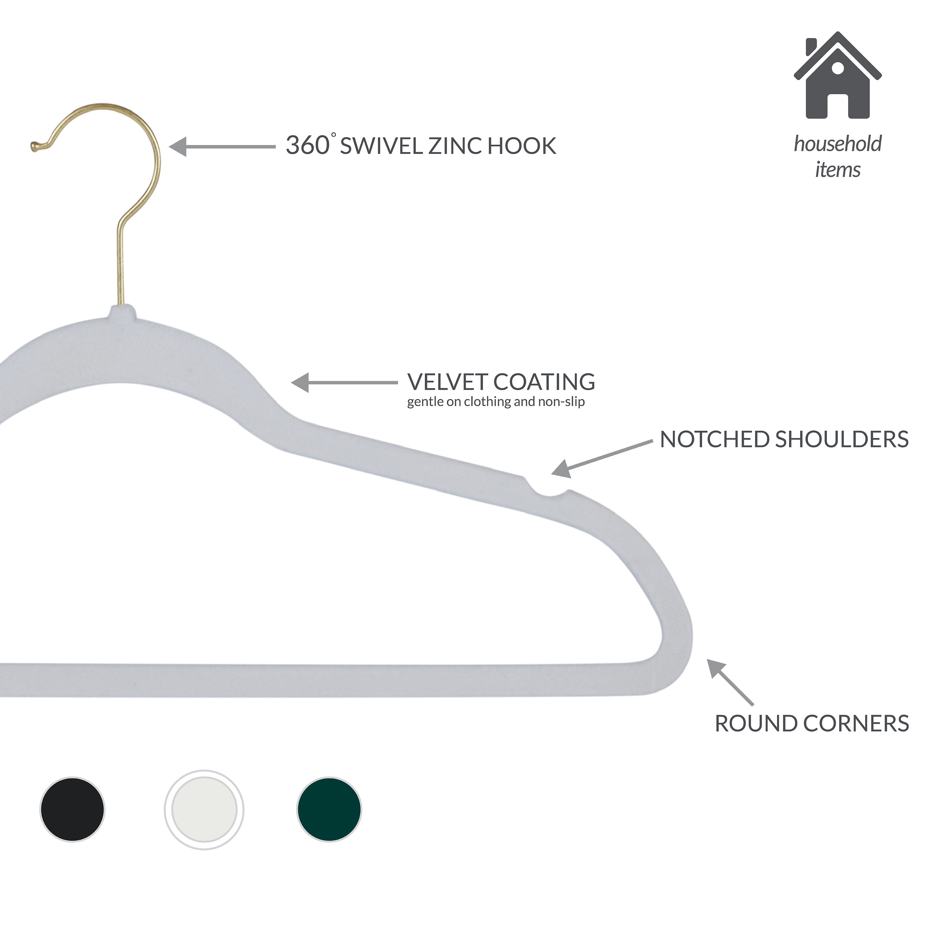 Simplify 25 Pack Slim Velvet Gold Hook Hangers in White