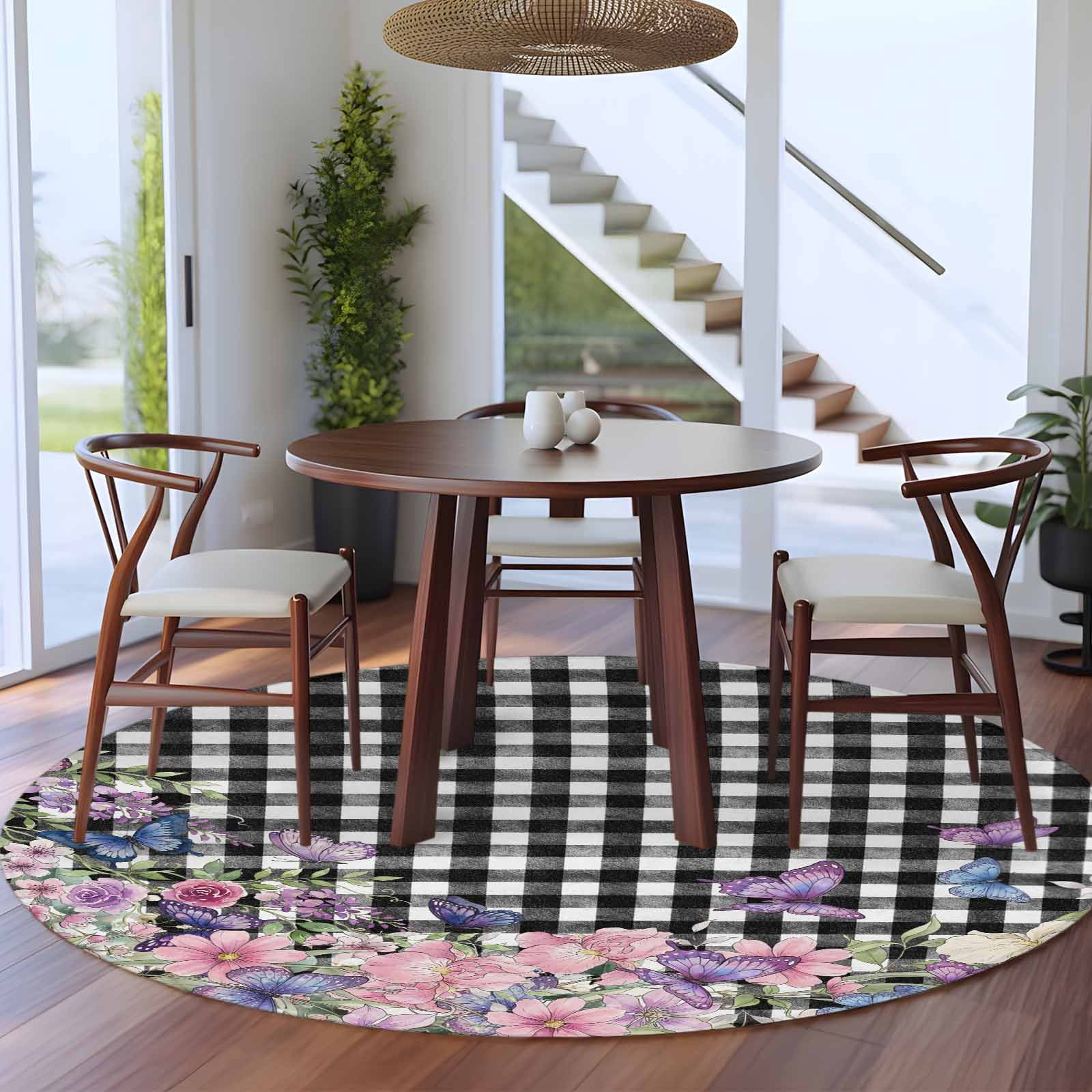 Spring Floral Round Area Rug 6Ft Washable Circle Rugs for Bathroom Office, Black White Checkered Farmhouse Butterfly Non-Slip Carpet Floor Mats Indoor Outdoor Carpet Runner Aesthetic Home Decor