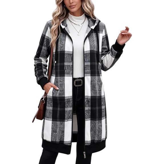 Sorvello Long Flannel Jacket Women Hooded Plaid Coat Oversized Button Down Shacket 2026 Fall Winter Casual Warm Trench Coats Cow Pattern L