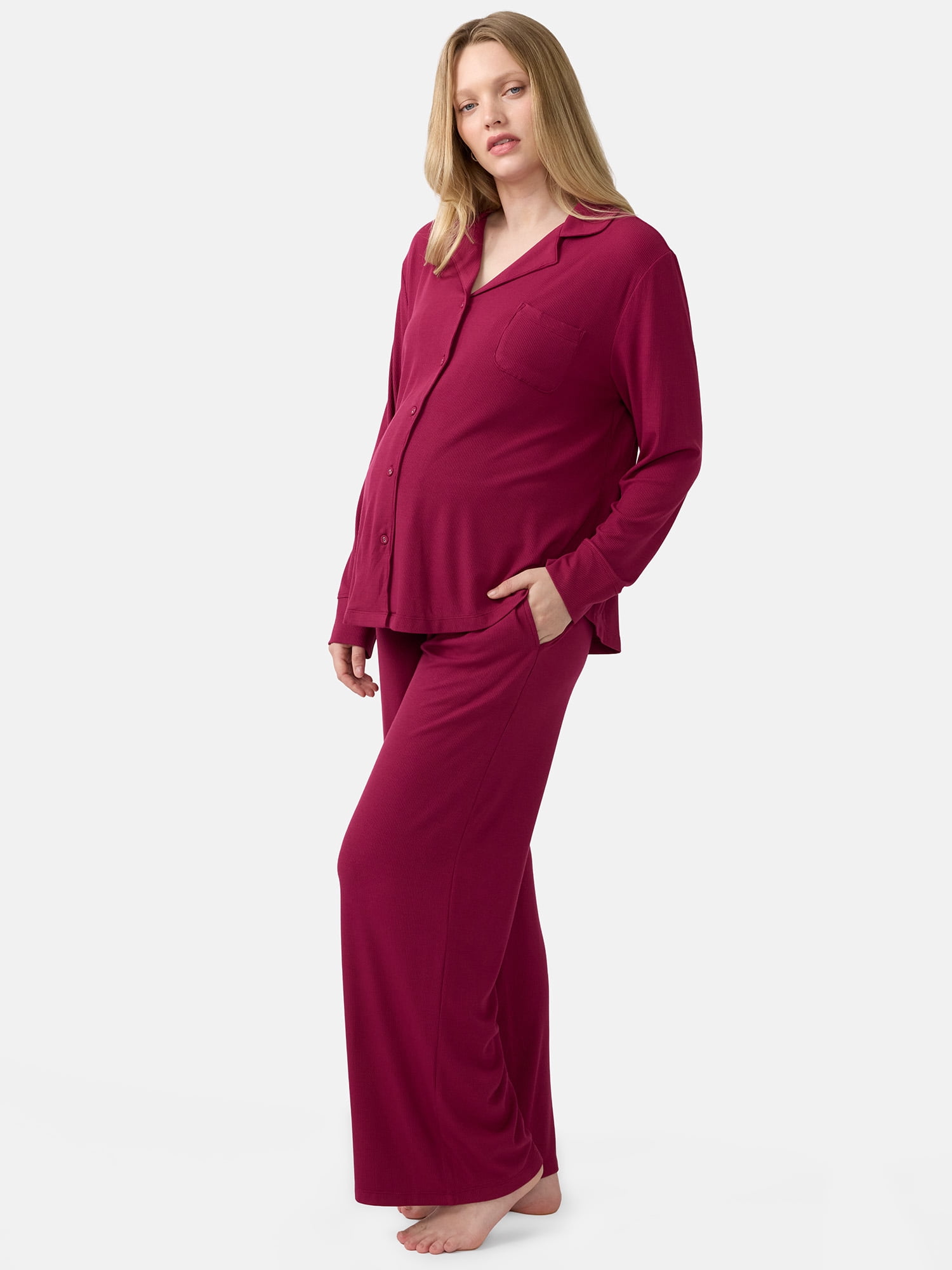 Ingrid & Isabel For Every Belly Women's Maternity Long Sleeve Button Down Shirt & Open Leg Pajama Set, Sizes S-XXXL