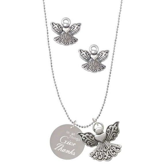 Delight Jewelry Stainless Steel In all things Give Thanks Disc - Silver tone Guardian Angel Charm Necklace and Stud Earrings