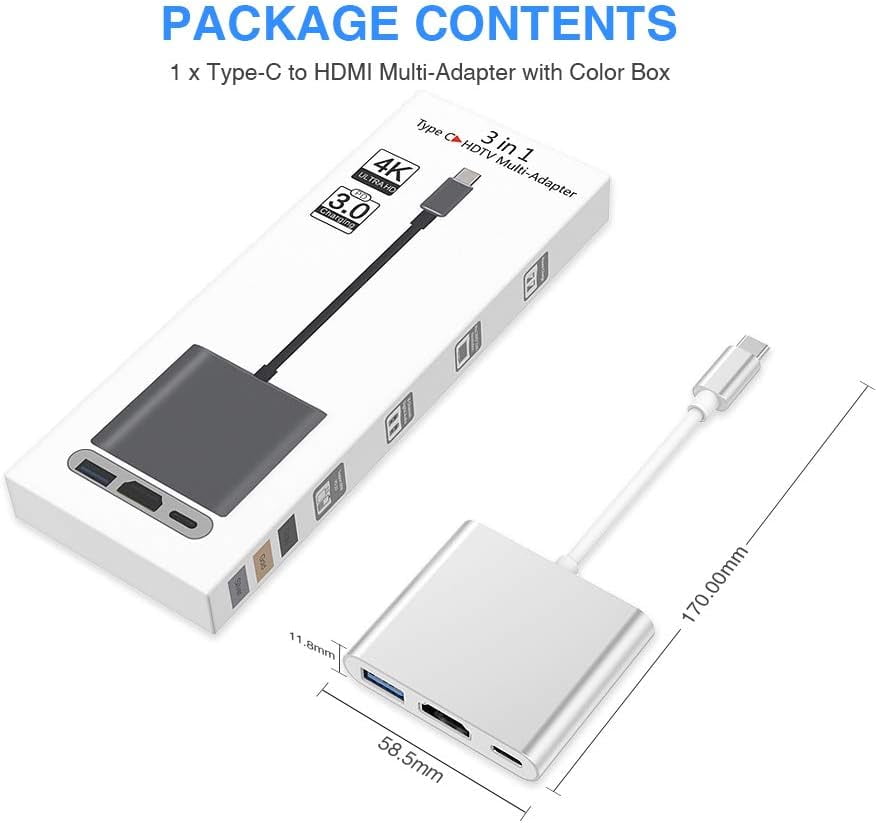 USB C to HDMI Adapter, Type C to 4K HDMI Adapter with 100W PD & USB 3.0 Port Multiport Digital AV Converter for MacBook Pro/air, iPad Pro/air, iPhone 15 and More USB-C Devices (Silver)