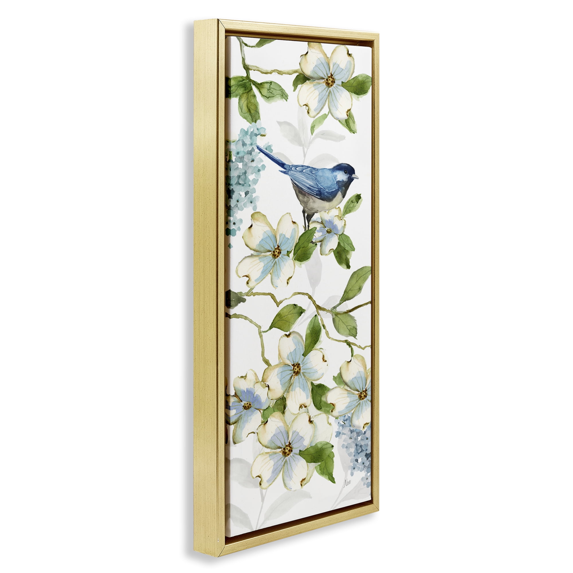 Stupell Industries Bird Perched on Dogwood Plants & Flowers Painting Gold Floater Framed Canvas Art Print Wall Art, 14 x 31