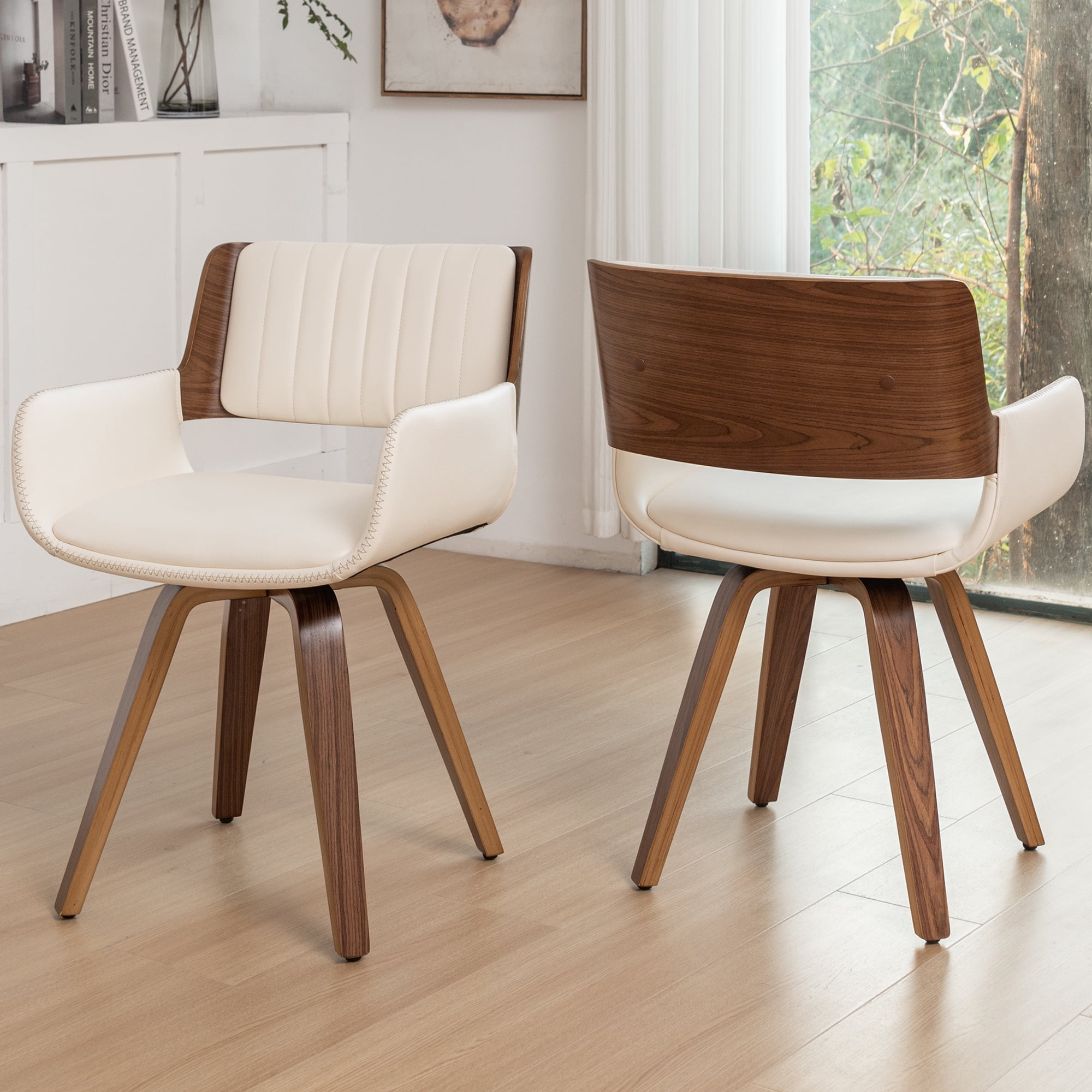 FOWEOAIU Modern Dining Chairs,Leather Upholstered Walnut Wood With rotation Kitchen Dining Chairs , Beige (Set of 2)