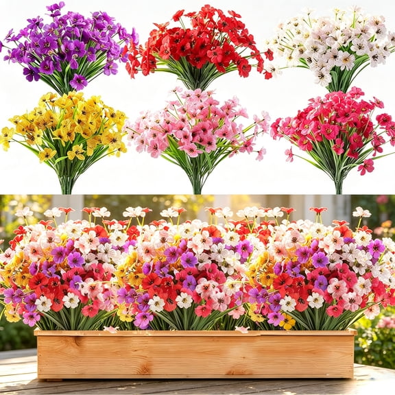 24 Bundles Artificial Flowers for Outdoors, 6 Colors UV Resistant No Fade Fake Silk Plastic Faux Plants for Indoor Outside Garden, Porch, Window Box, Hanging Planters Decor