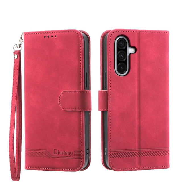 Funda Tipo Billetera para Samsung Galaxy A17 Carcasa Abatible con Porta Tarjetas, Bolsillo para Efectivo, Soporte Ajustable, Cierre Magnético y Correa de Muñeca Rojo
