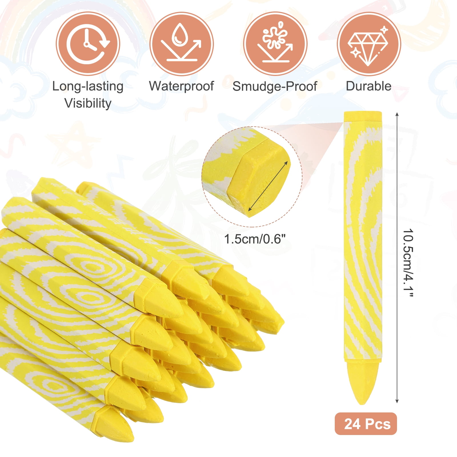 24Pcs Lumber Marking Crayons, 4.1" x 0.6" Hex Wax Tire Marker Pen Drawing Crayons for Wood Metal(Yellow)