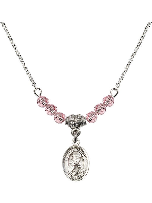 Bonyak Jewelry 18 Inch Rhodium Plated Necklace w// 6mm Light Rose Pink October Birth Month Stone Beads and Crucifix Charm