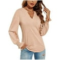 thumbnail image 2 of Odeerbi Shirts for Women Oversized T-Shirts Long Sleeves Spring Autumn V-Neck Solid Color Casual Loose Top Khaki, 2 of 8