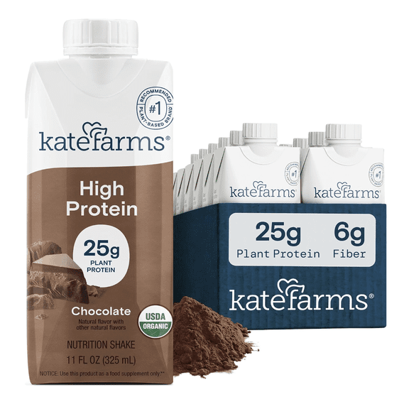 Kate Farms Organic High Protein Chocolate Nutrition Shake, 25g Protein, 0g Sugar, Protein Drink, 11 fl oz (12 Pack)
