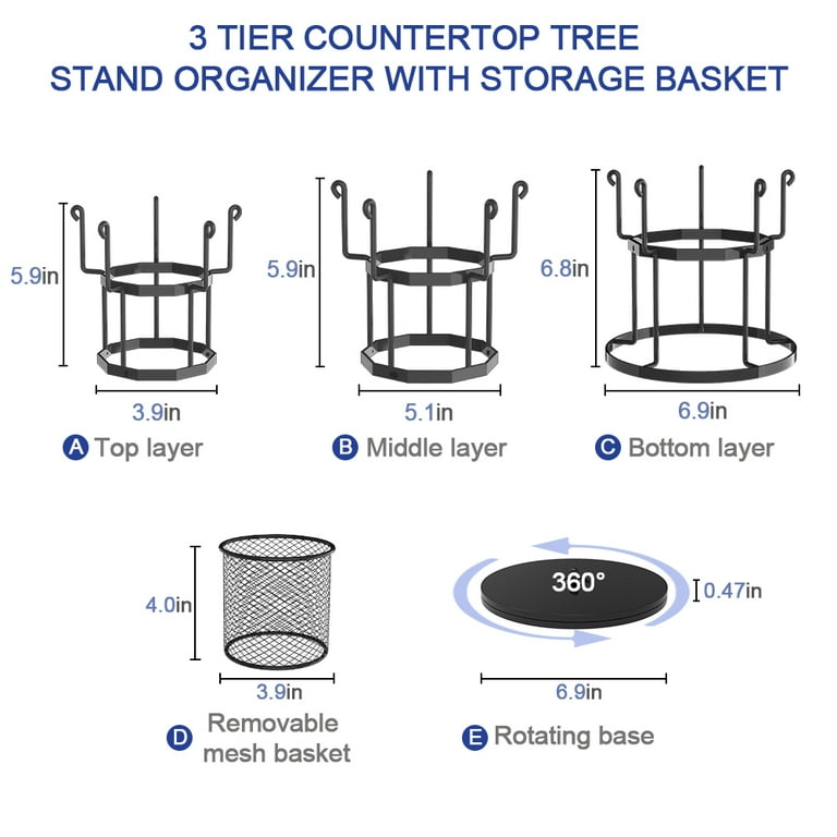 Bextsrack 360 Rotating Coffee Mug Holder,Bextsrack 3 Tier Mug Tree Stand  for Counter, Metal Tea Cup Rack Holder Tabletop Mug display Rack, Holds 15  Mugs, Black 