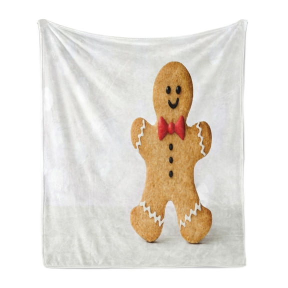 Cookie Soft Flannel Fleece Throw Blanket, Happy Gingerbread Man in a Bow Tie, Cozy Plush for Indoor and Outdoor Use, 60" x 80", Sand Brown Vermillion, by Ambesonne