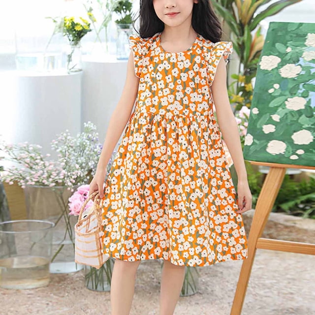 Économies d'Été! Robe d'Été pour Enfants, Robes Décontractées pour Filles en Liquidation, Robe d'Été Sans Manches pour Bébé Fille Imprimé Graphique Robe à Manches Volantes
