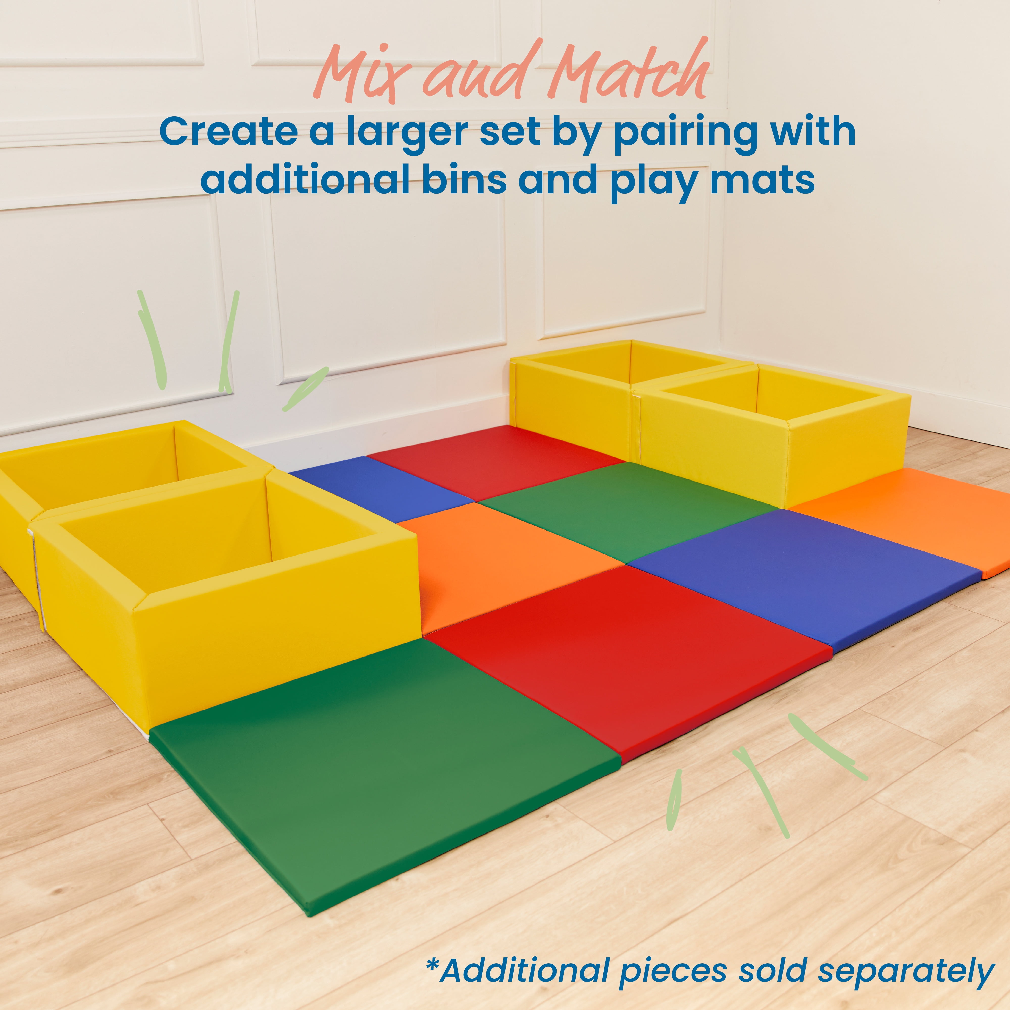 ECR4Kids SoftZone Play Patch Activity Mat and Toy Bins, Beginner Playset, Assorted, 6-Piece