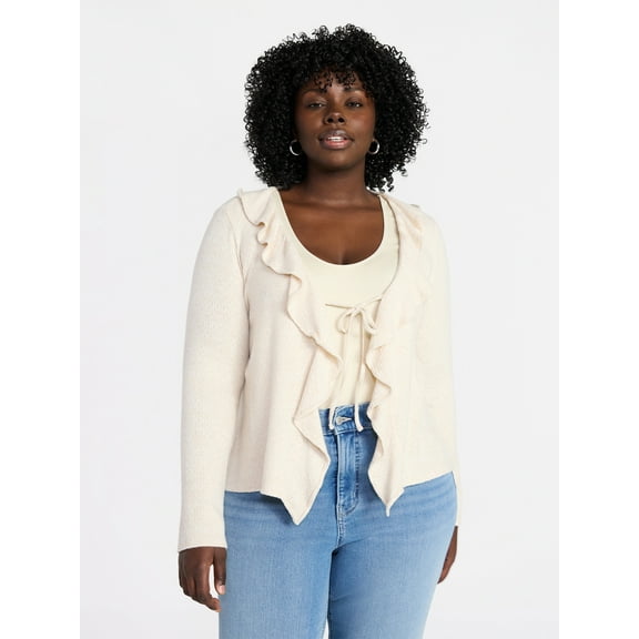 Terra & Sky Women’s Plus Tie Front Ruffle Cardigan Sweater, Sizes 0X-5X
