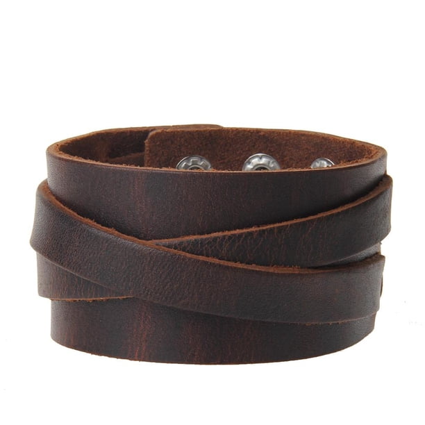 Pulsera ancha unisex de 1 pieza - Brazalete de cuero multicapa con cierre marrón