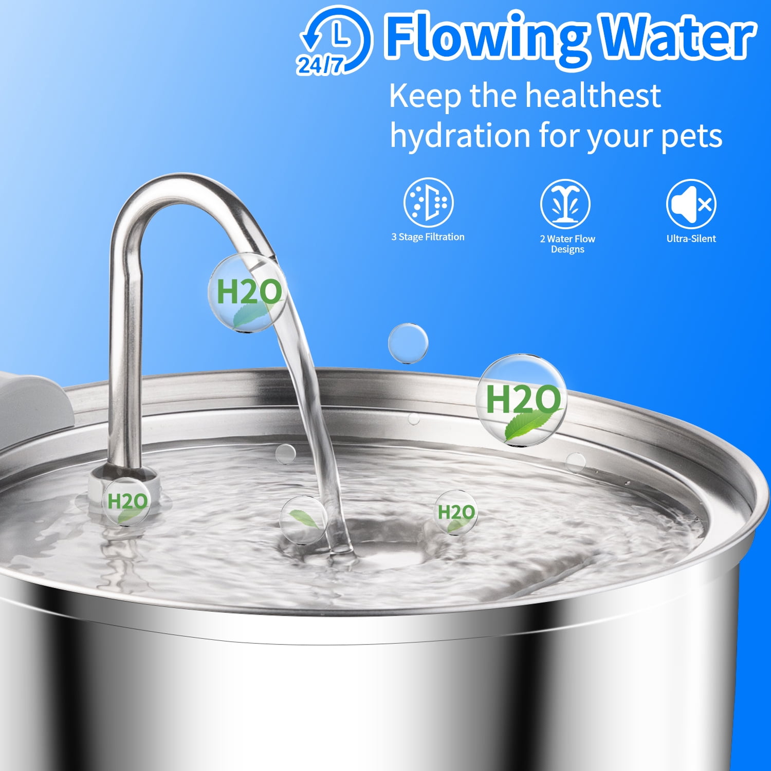 Petavista Cat Water fountain 140oz/4L Stainless Steel Cat Fountain Water dispenser for cats and dogs
