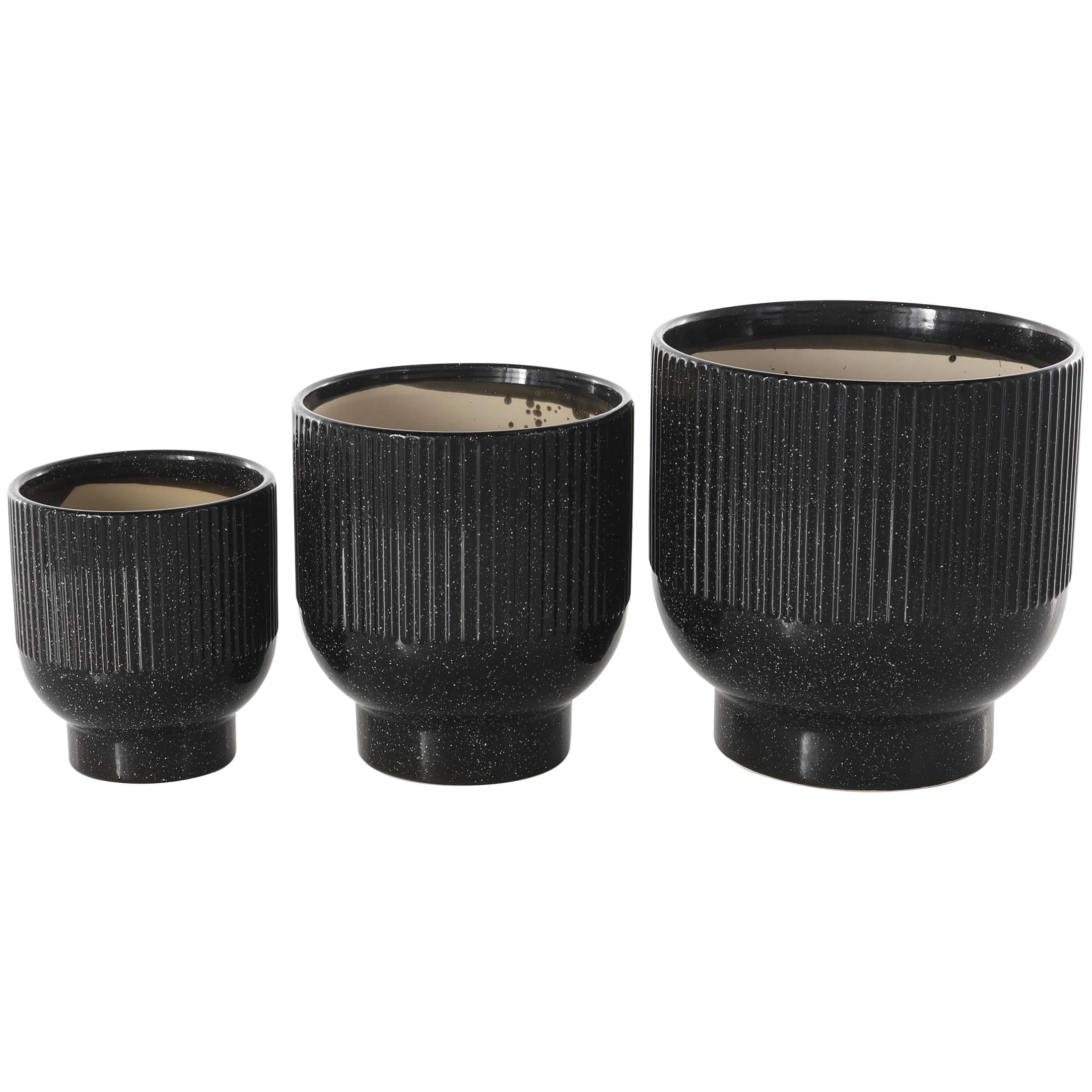 DecMode 9", 8", 6"H Speckled Black Ceramic Planter with Linear Grooves and Tapered Bases (3 Count)