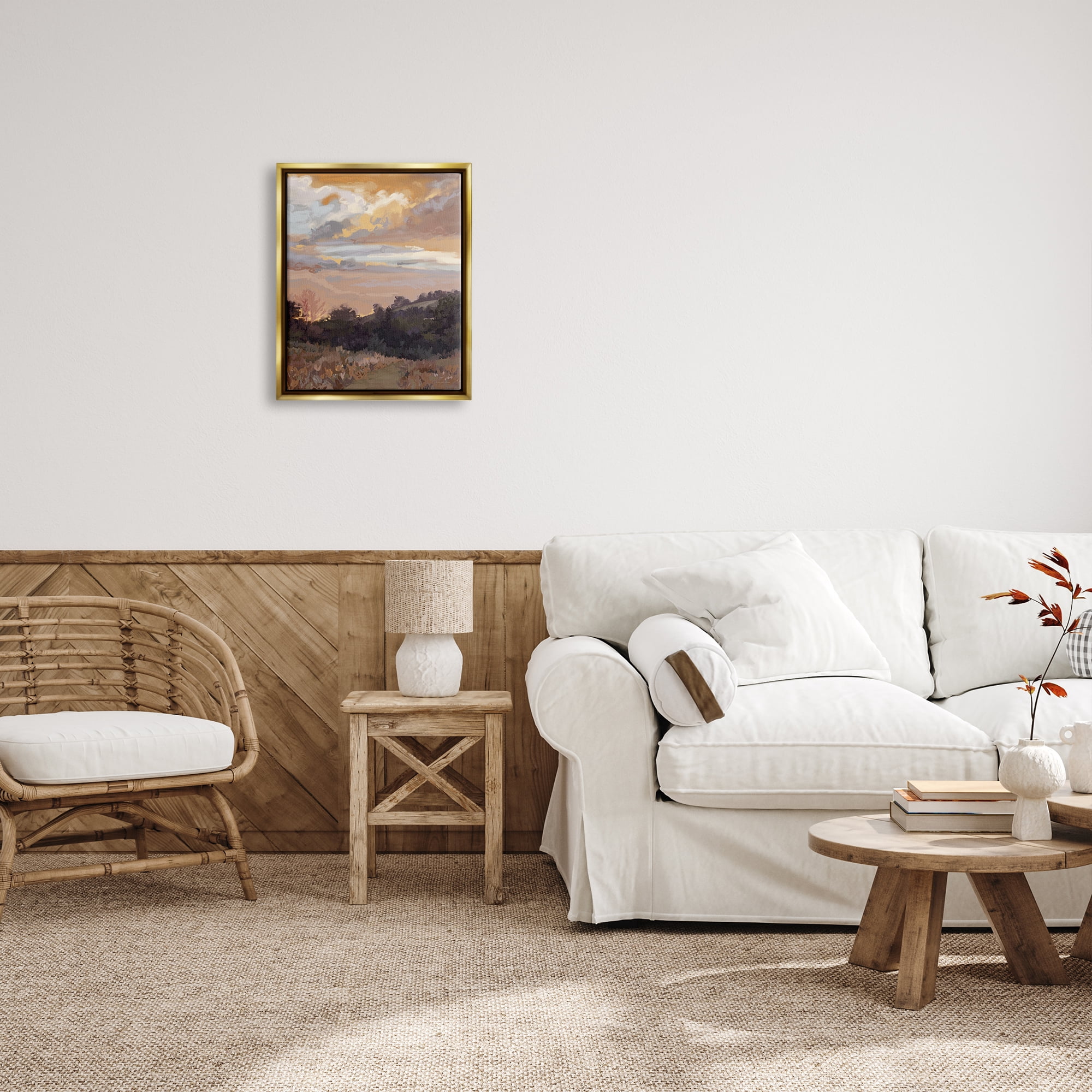 Stupell Industries Abstract Sunrise Landscape Landscape Painting Gold Floater Framed Canvas Art Print Wall Art, 17 x 21