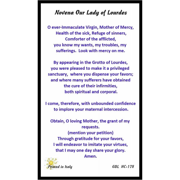 Our Lady of Lourdes Blessed Novena Prayer  Italian Prayer Card