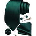 thumbnail image 2 of Dark Green Ties for Men Silk Satin Necktie and Pocket Square Cufflinks Tie Clip Lapel Pin Set Wedding Business 5PCS, 2 of 5