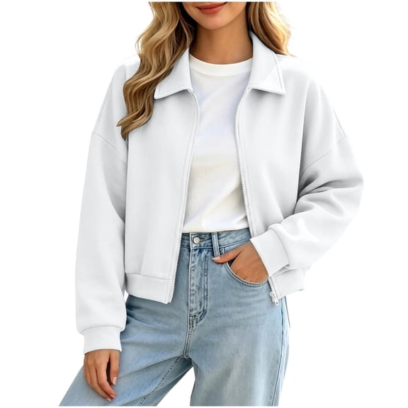 Edvintorg Cropped Jacket Women Clothing Turndown Collar Long Sleeve Casual Coat Zip up Outerwear Women's Clothing White M