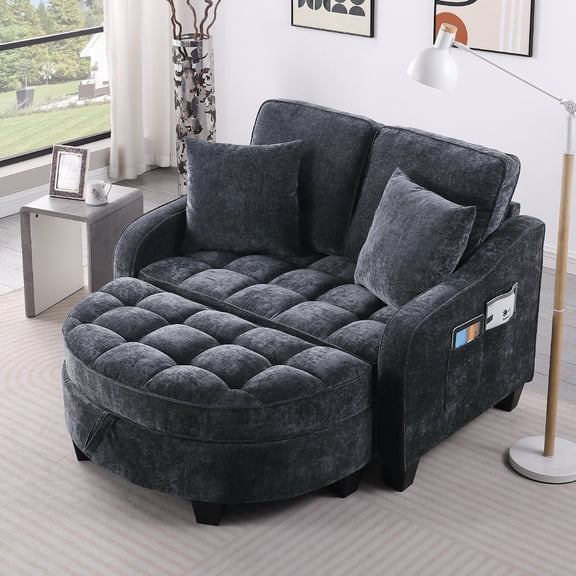 Modern Double Sofa Chaise Longue with Footrest and Side Pockets, Comfy Corduroy Chaise Sofa Upholstered Sleeper Couch Bed Backrests and Armrests for Living Room, Apartment, Office, Black