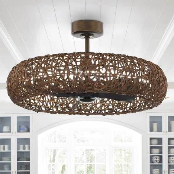 Perimost Farmhouse 35" Brown Rattan Shade Caged LED Ceiling Fan with Remote Control, 8"/20" Downrods