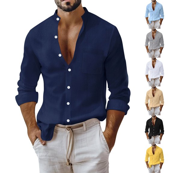 Men's Linen Shirts Long Sleeve Button down Shirt Band Collar Lightweight Soft Breathable Summer Beach Shirt Black L