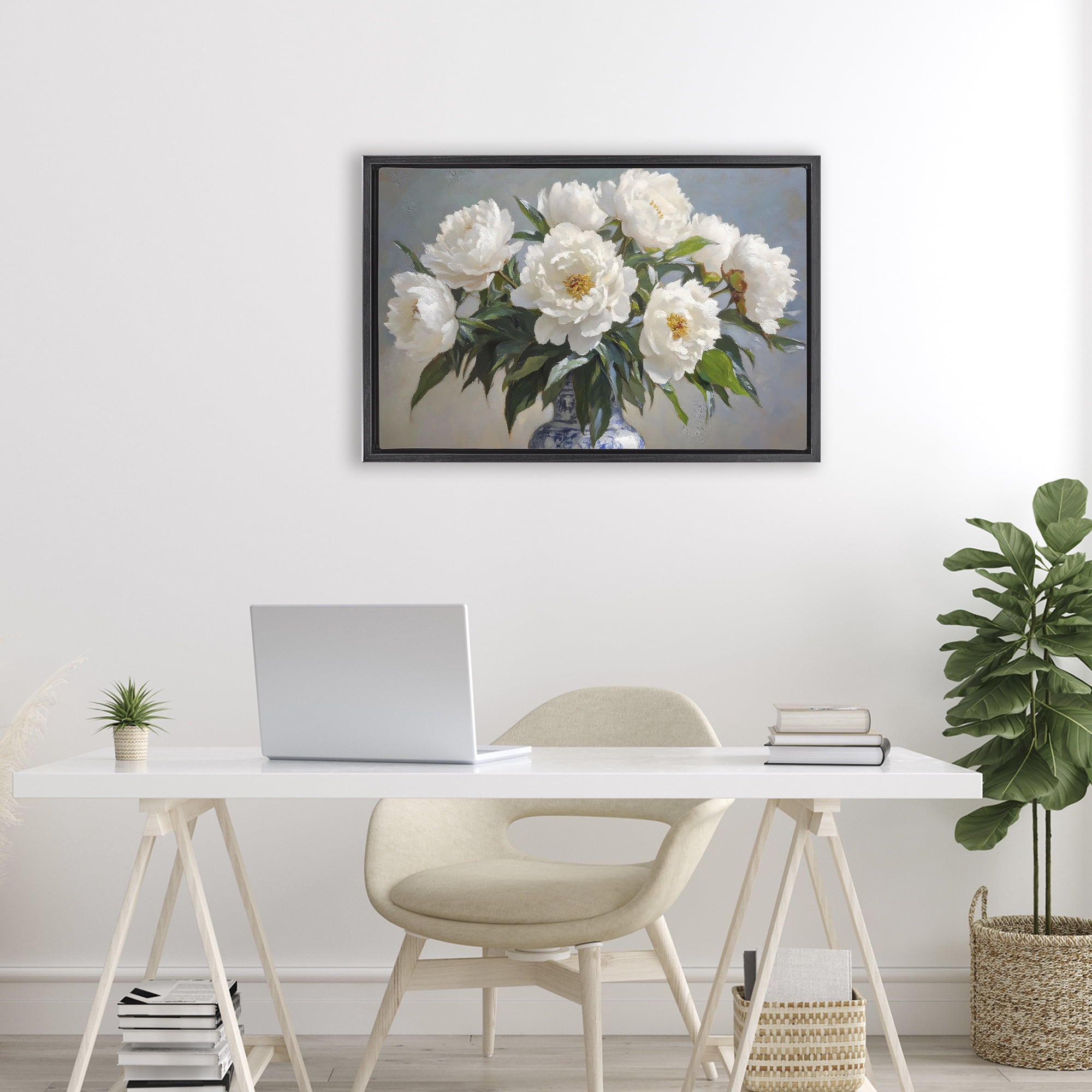 Stupell Industries In Full Bloom White Peonies Black Framed Floater Canvas Wall Art, design by Petal Prints Design