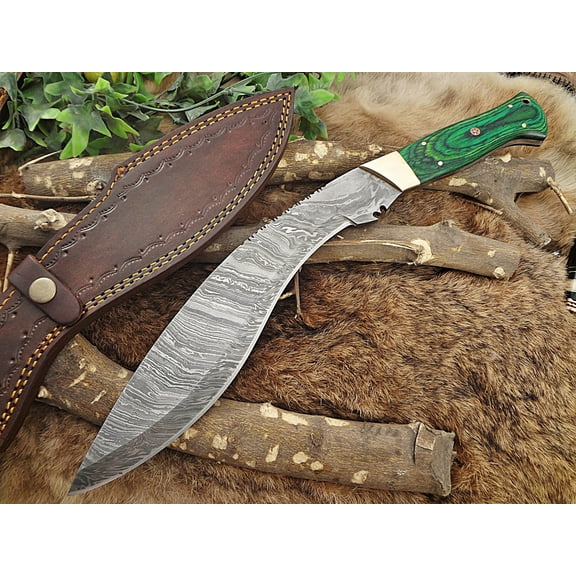 Damascus Steel Kukri Knife 15 Inches custom made Hand Forged With 10" long blade, Green Dollar wood with brass scale, Cow Leather Sheath