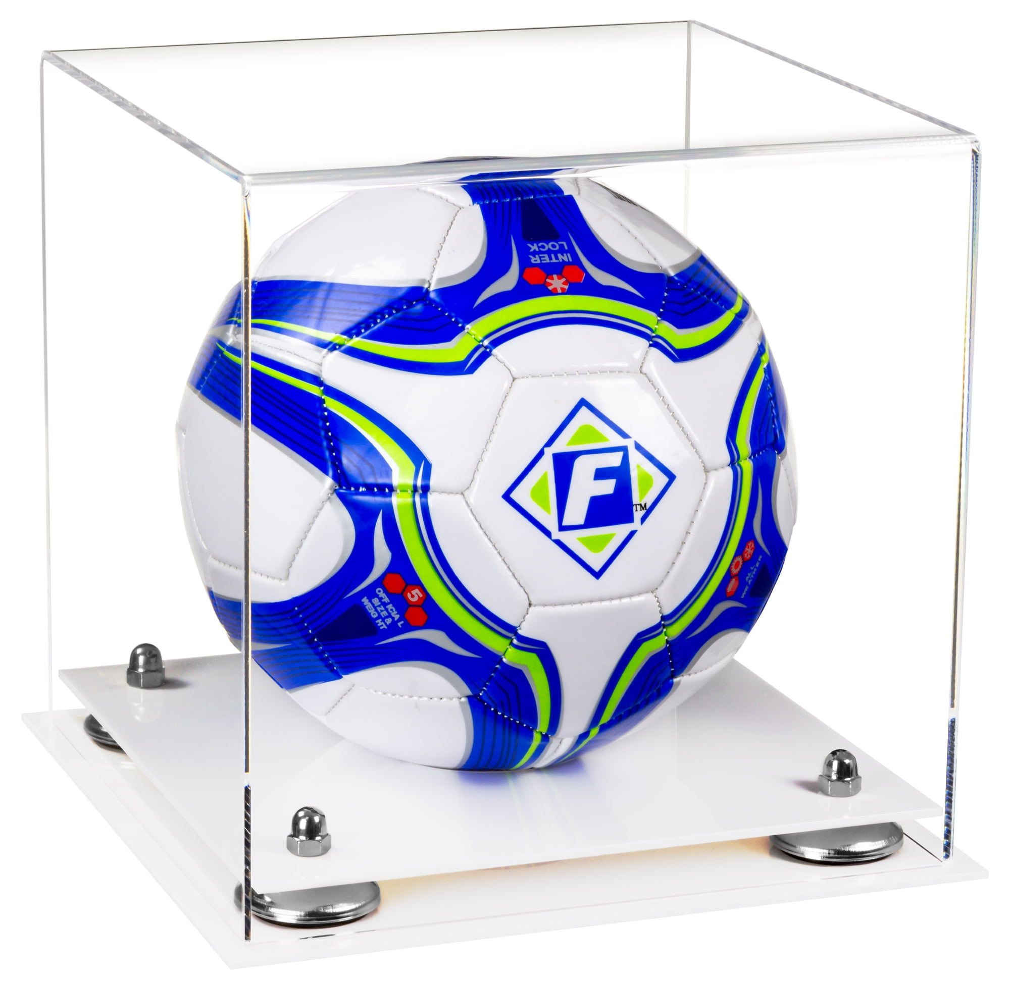 Clear Acrylic Soccer Ball Display Case with Silver Risers and White Base (B02)